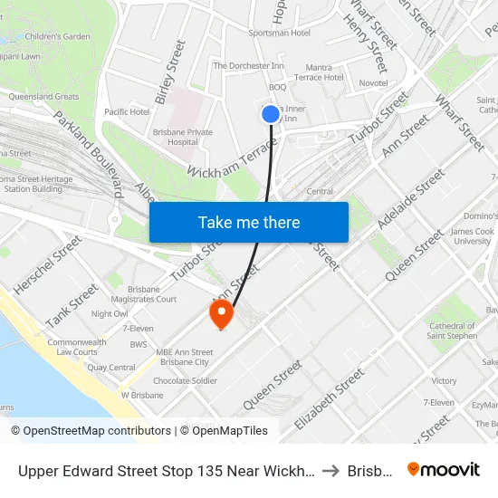 Upper Edward Street Stop 135 Near Wickham Tce to Brisbane map