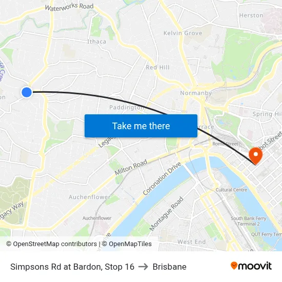 Simpsons Rd at Bardon, Stop 16 to Brisbane map