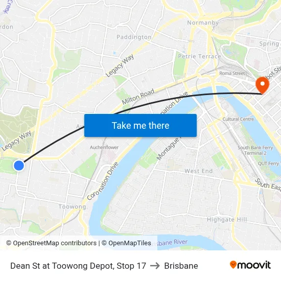 Dean St at Toowong Depot, Stop 17 to Brisbane map