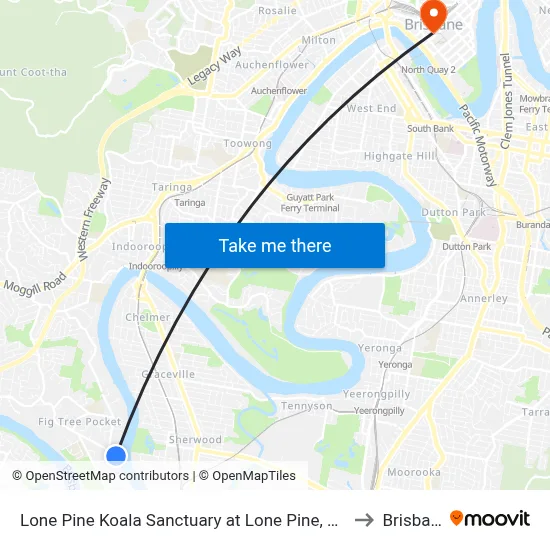 Lone Pine Koala Sanctuary at Lone Pine, Stop 42 to Brisbane map