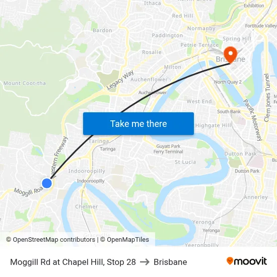 Moggill Rd at Chapel Hill, Stop 28 to Brisbane map
