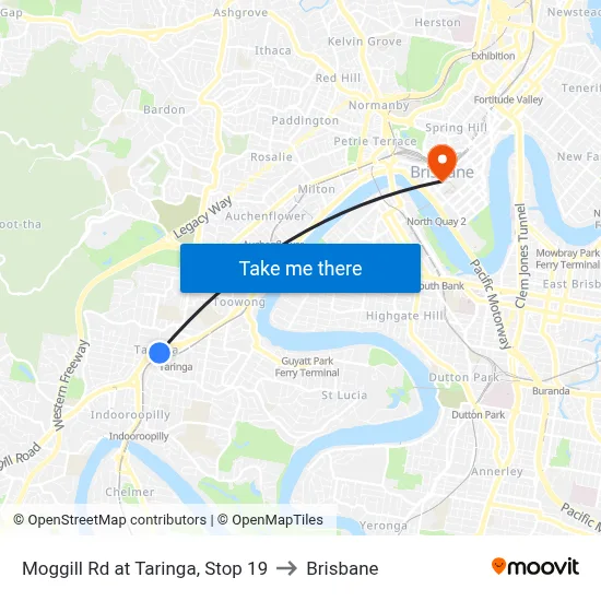 Moggill Rd at Taringa, Stop 19 to Brisbane map