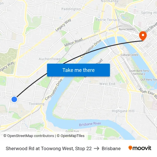 Sherwood Rd at Toowong West, Stop 22 to Brisbane map