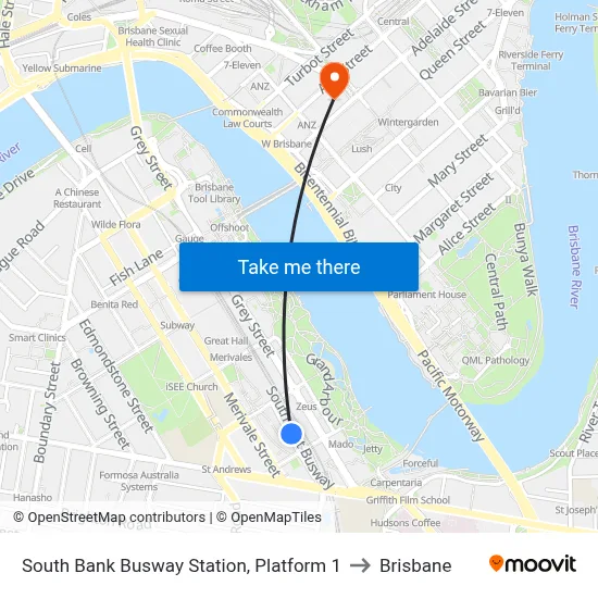 South Bank Busway Station, Platform 1 to Brisbane map