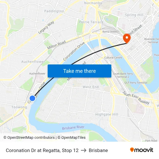 Coronation Dr at Regatta, Stop 12 to Brisbane map