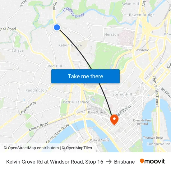 Kelvin Grove Rd at Windsor Road, Stop 16 to Brisbane map