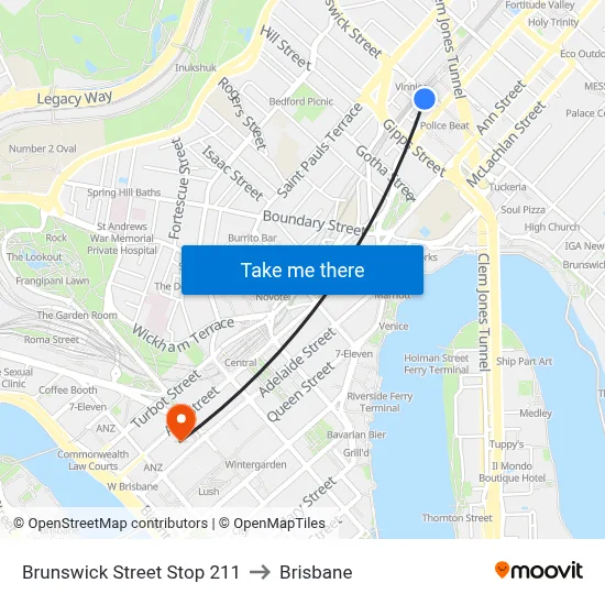 Brunswick Street Stop 211 to Brisbane map