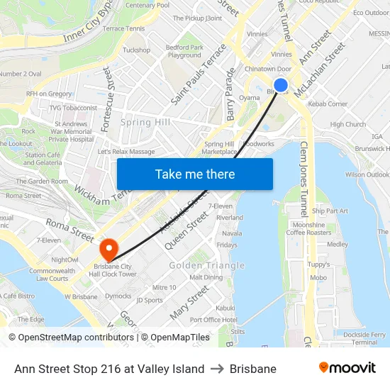 Ann Street Stop 216 at Valley Island to Brisbane map