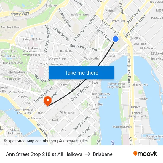 Ann Street Stop 218 at All Hallows to Brisbane map