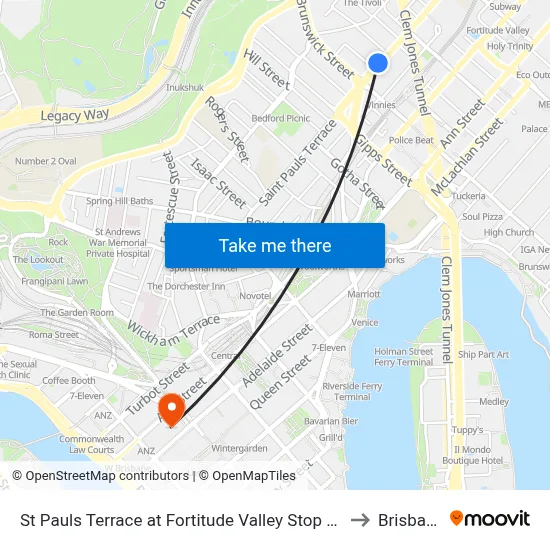St Pauls Terrace at Fortitude Valley Stop 232 to Brisbane map