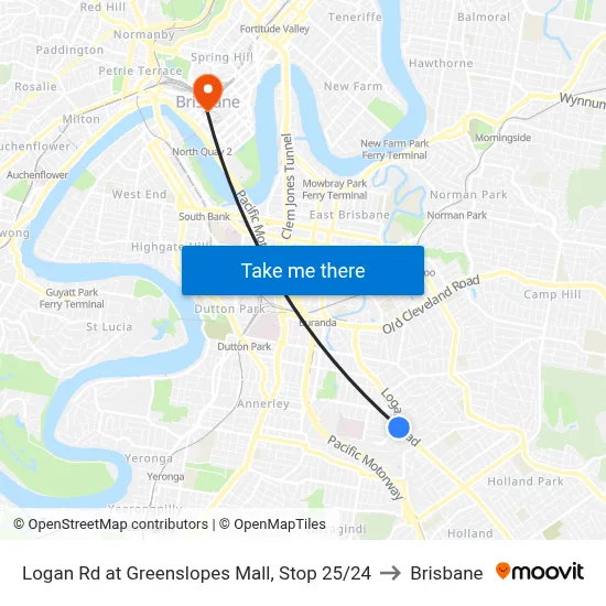 Logan Rd at Greenslopes Mall, Stop 25/24 to Brisbane map