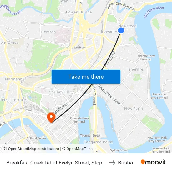 Breakfast Creek Rd at Evelyn Street, Stop 10 to Brisbane map