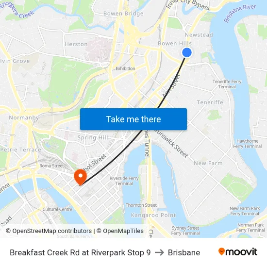 Breakfast Creek Rd at Riverpark Stop 9 to Brisbane map