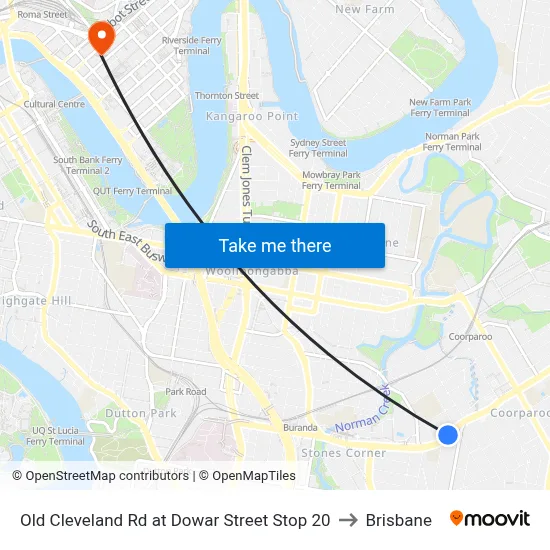 Old Cleveland Rd at Dowar Street Stop 20 to Brisbane map