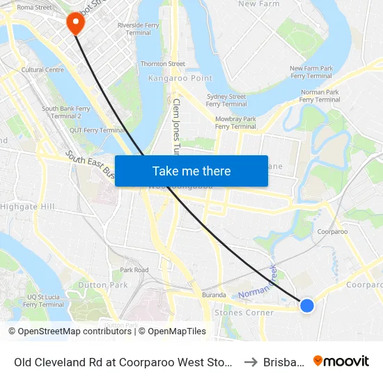 Old Cleveland Rd at Coorparoo West Stop 19 to Brisbane map