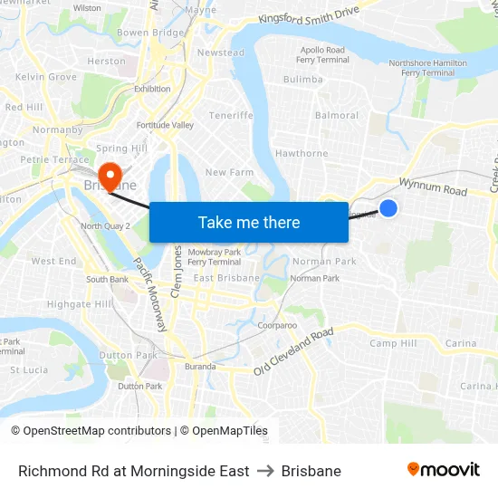 Richmond Rd at Morningside East to Brisbane map