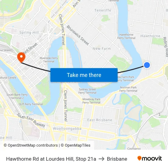 Hawthorne Rd at Lourdes Hill, Stop 21a to Brisbane map