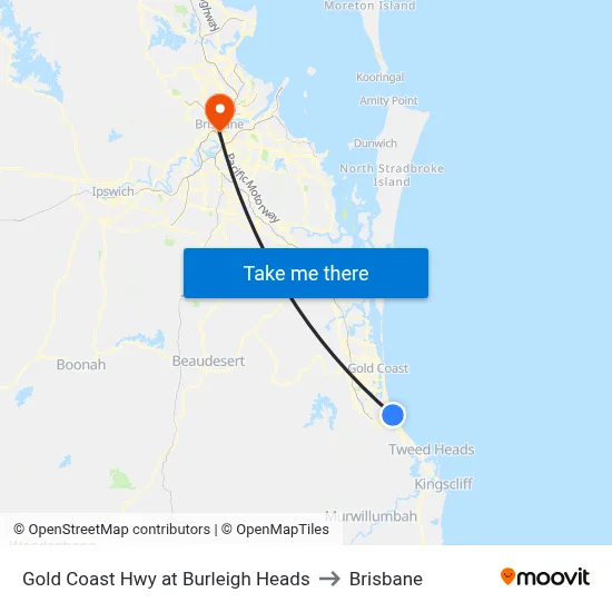 Gold Coast Hwy at Burleigh Heads to Brisbane map