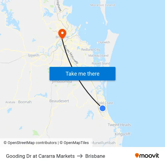Gooding Dr at Cararra Markets to Brisbane map