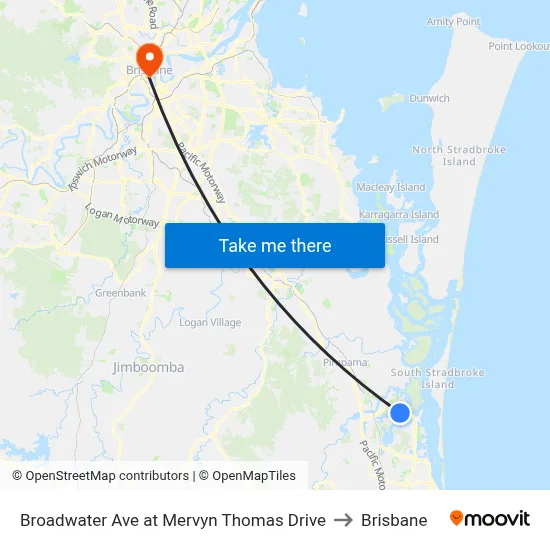 Broadwater Ave at Mervyn Thomas Drive to Brisbane map