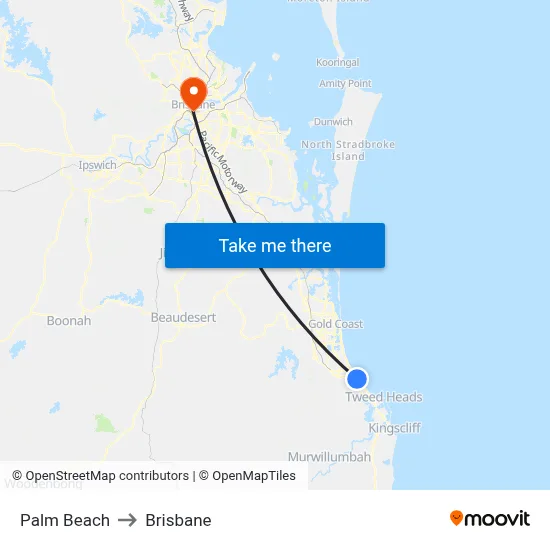 Palm Beach to Brisbane map