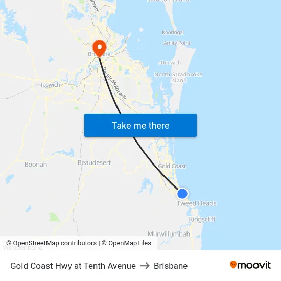 Gold Coast Hwy at Tenth Avenue to Brisbane map