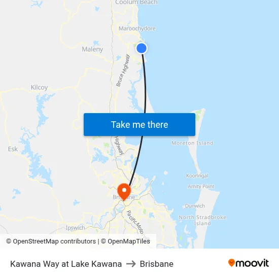 Kawana Way at Lake Kawana to Brisbane map
