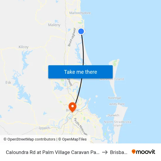Caloundra Rd at Palm Village Caravan Park to Brisbane map