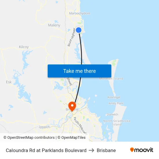 Caloundra Rd at Parklands Boulevard to Brisbane map
