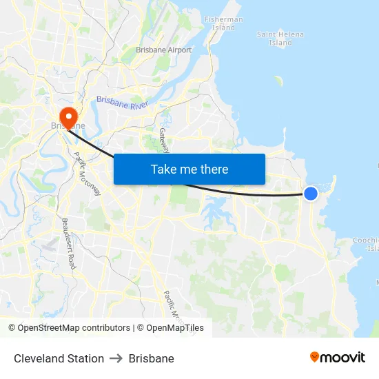 Cleveland Station to Brisbane map