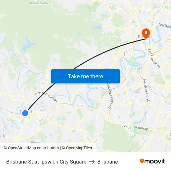 Brisbane St at Ipswich City Square to Brisbane map