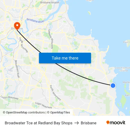Broadwater Tce at Redland Bay Shops to Brisbane map