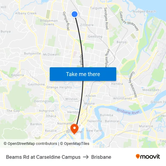 Beams Rd at Carseldine Campus to Brisbane map