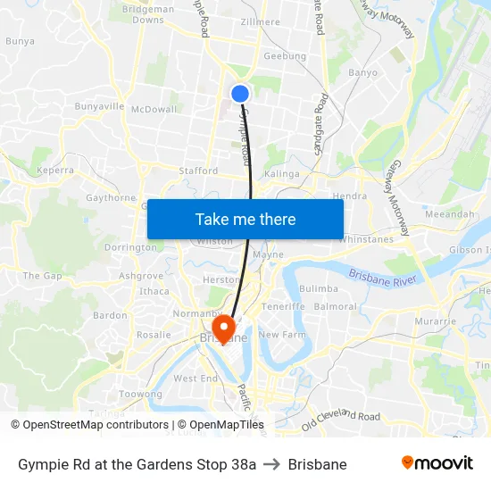 Gympie Rd at the Gardens Stop 38a to Brisbane map