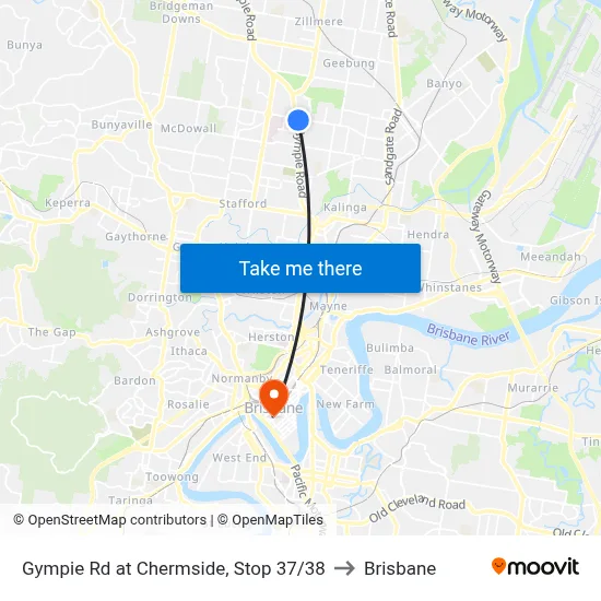 Gympie Rd at Chermside, Stop 37/38 to Brisbane map