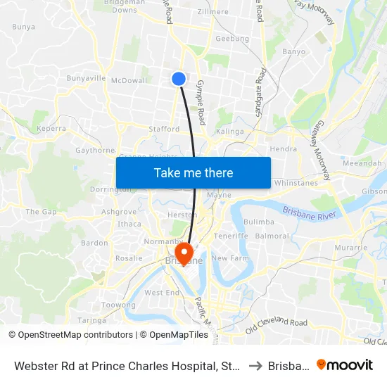 Webster Rd at Prince Charles Hospital, Stop 38 to Brisbane map