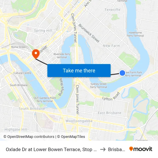 Oxlade Dr at Lower Bowen Terrace, Stop 19 to Brisbane map