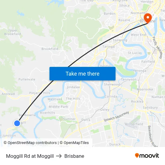 Moggill Rd at Moggill to Brisbane map