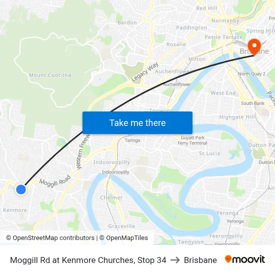Moggill Rd at Kenmore Churches, Stop 34 to Brisbane map