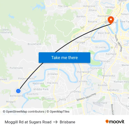 Moggill Rd at Sugars Road to Brisbane map
