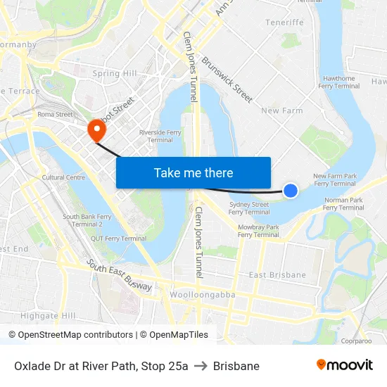 Oxlade Dr at River Path, Stop 25a to Brisbane map