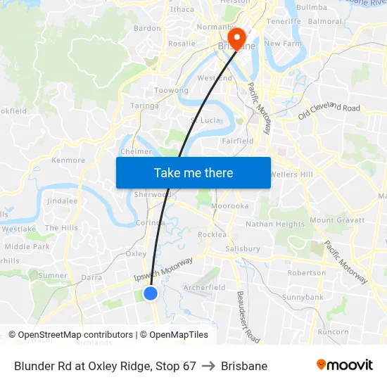 Blunder Rd at Oxley Ridge, Stop 67 to Brisbane map