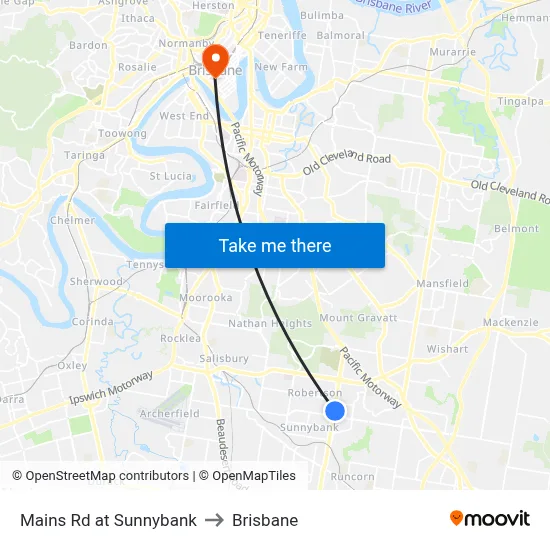 Mains Rd at Sunnybank to Brisbane map