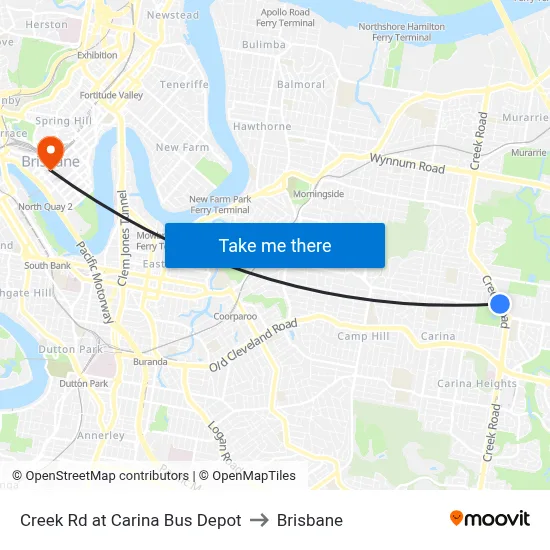 Creek Rd at Carina Bus Depot to Brisbane map