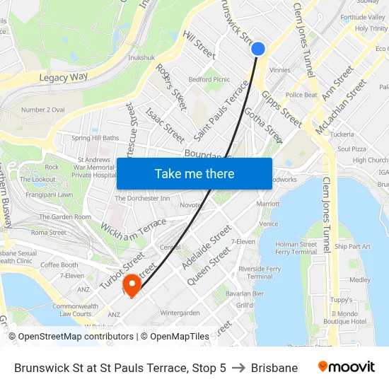 Brunswick St at St Pauls Terrace, Stop 5 to Brisbane map
