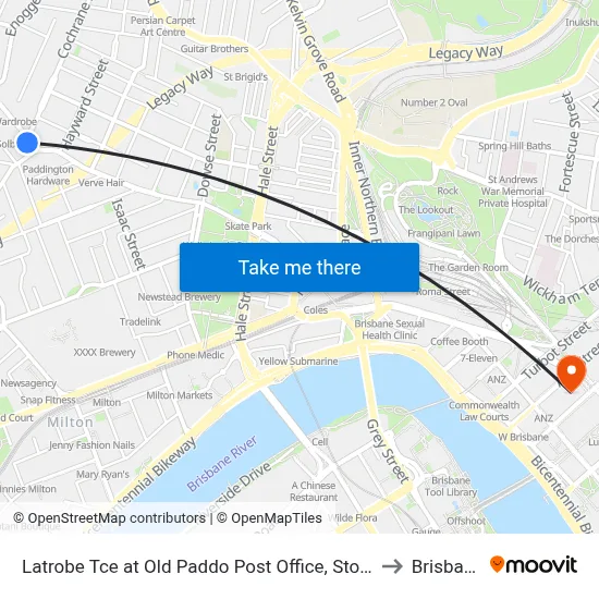 Latrobe Tce at Old Paddo Post Office, Stop 8 to Brisbane map