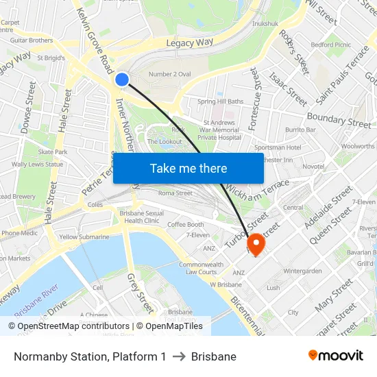 Normanby Station, Platform 1 to Brisbane map