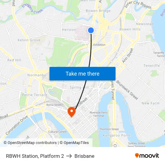 RBWH Station, Platform 2 to Brisbane map