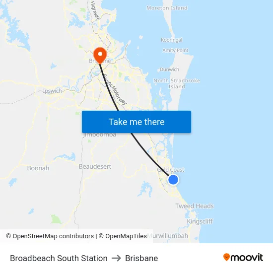 Broadbeach South Station to Brisbane map