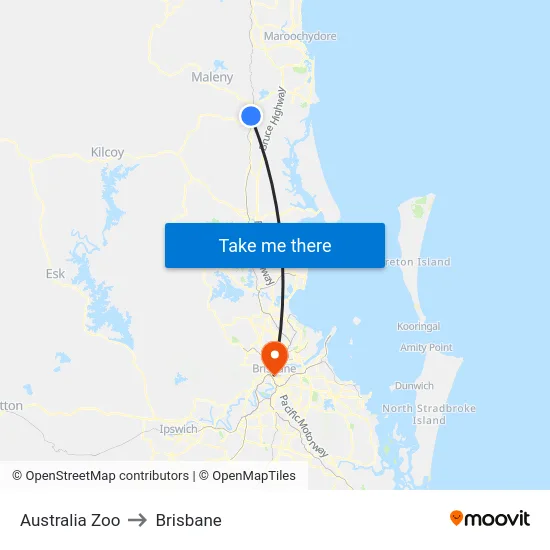 Australia Zoo to Brisbane map